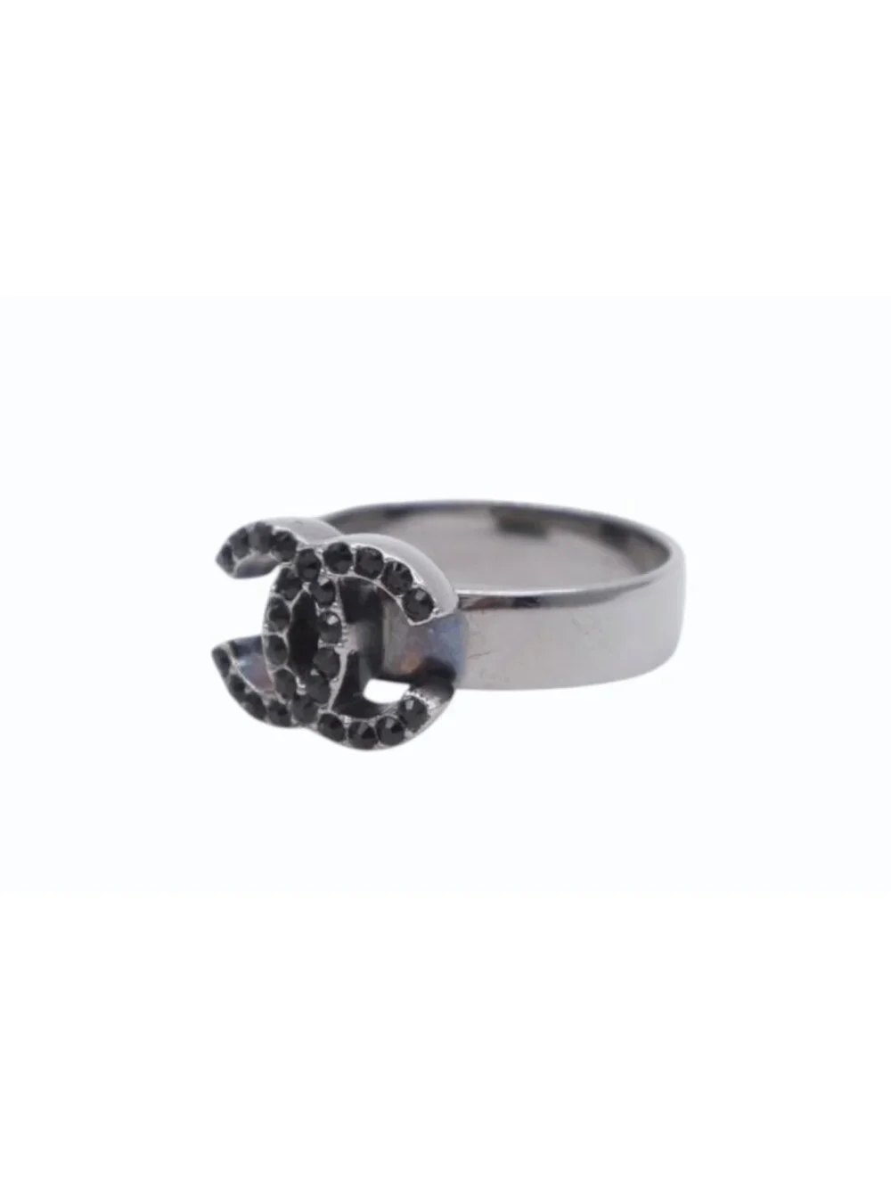 Chanel CC Logo Ring Rhinestone Metal Silver Black